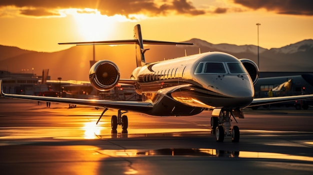 photograph of Luxury private vip business jet macro lens sunset lighting