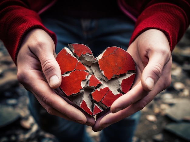 Photograph man holding a broken stone red heart