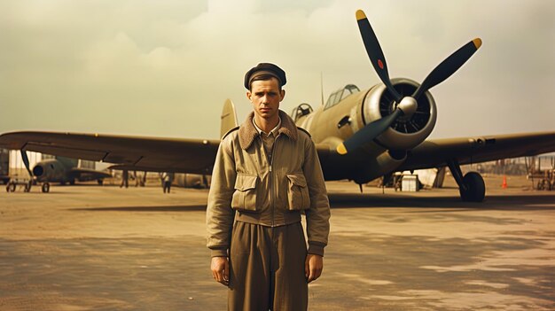 A photograph of a man standing at the airfield with aircraft in the back