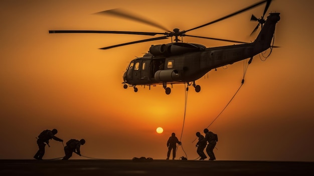 photograph of Marines descending from helicopter by rope during sunset