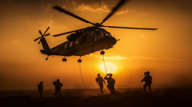 photograph of Marines descending from helicopter by rope during sunset