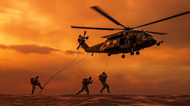 photograph of Marines descending from helicopter by rope during sunset