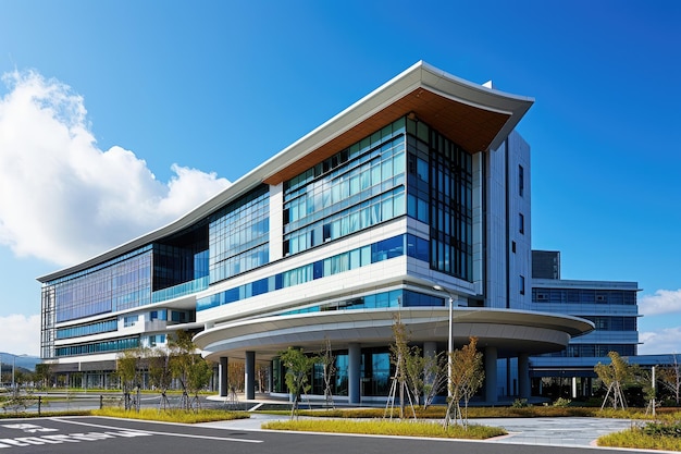 수많은 창문으로 인 거대한 건물의 사진은 놀라운 건축 디자인을 만니다 현대 병원 건물의 웅장한 전망 AI 생성