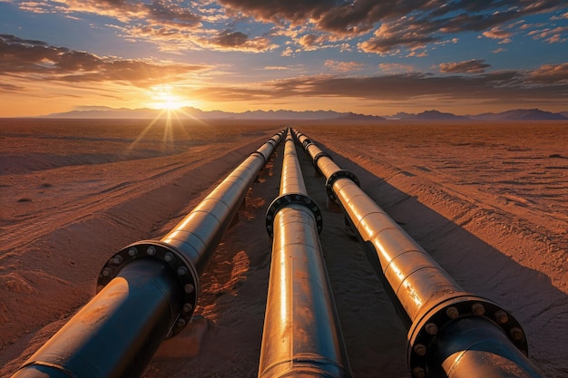 Photo a photograph of a massive pipe standing prominently in the arid landscape of the desert pipelines stretching into the horizon in a desert setting ai generated