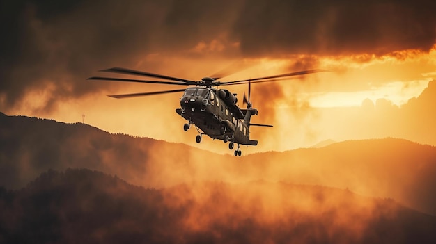 夕暮れ中の軍事コマンドヘリコプターの落下の写真