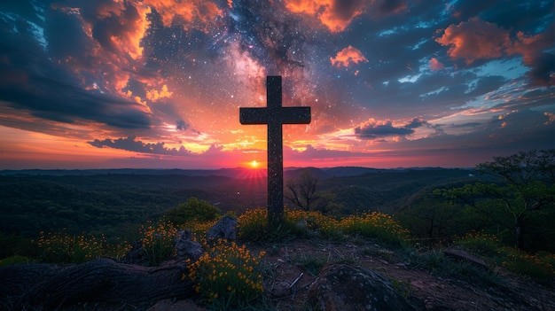 Photograph of Milky Way Galaxy with grain Long Exposure The Milky Way and the cross above canyon