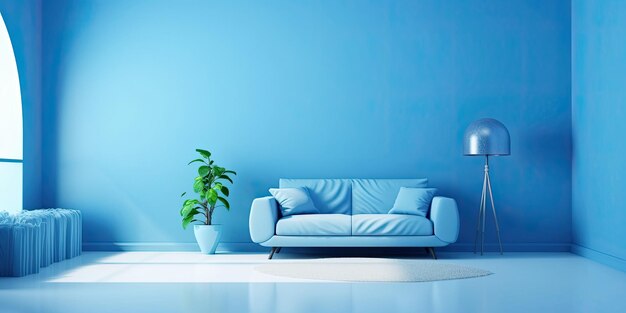 A photograph of a minimalist blue living room with a blue backdrop