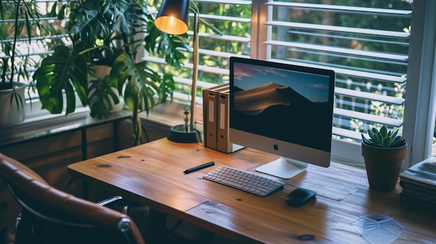 A photograph of a minimalist workspace bathed in natural light