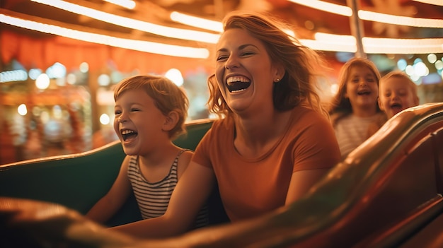 photograph of Mother and children riding a rollercoaster at an amusement park