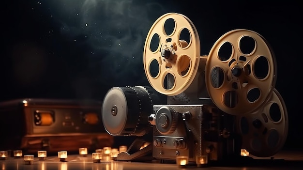 Foto fotografia di un proiettore cinematografico e bobine di film su uno sfondo scuro