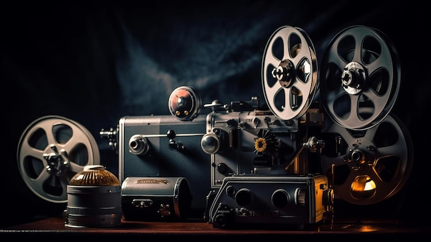 photograph of A movie projector and film reels on a dark background