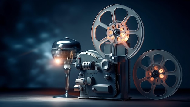 photograph of A movie projector and film reels on a dark background