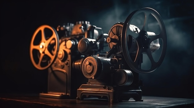 photograph of A movie projector and film reels on a dark background