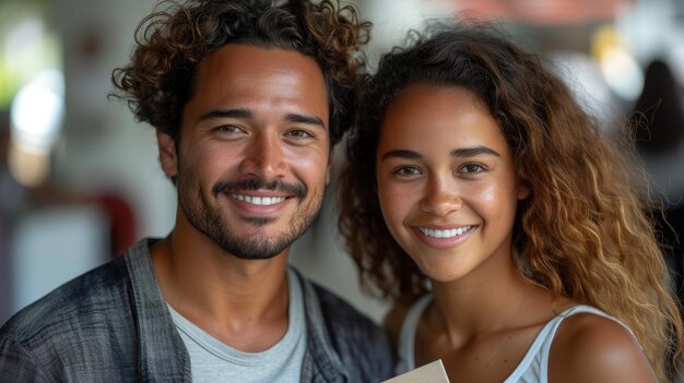 Photograph of a multiracial business couple holding folders against a white background