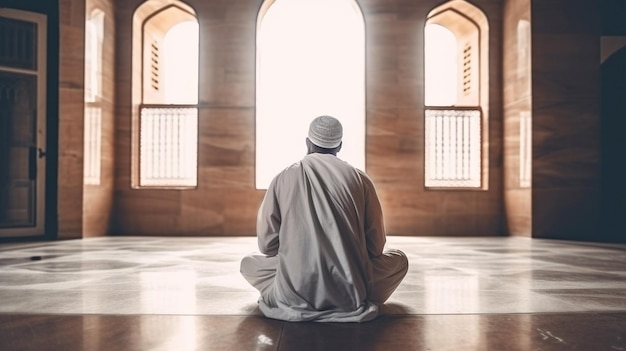 Photograph of a Muslim pilgrim sitting in a mosque while dressed for the Hajj GENERATE AI