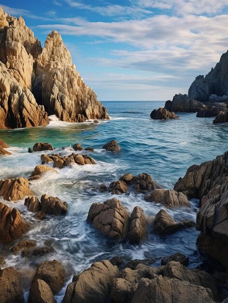 a photograph of the ocean and rocks