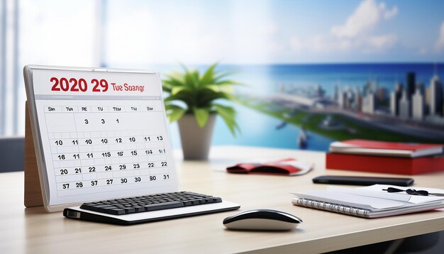사진 몇 가지 날짜 를 강조 하는 달력 의 사진 은 책상 에 있는  ⁇ 색 사무실 배경 에 서 있다