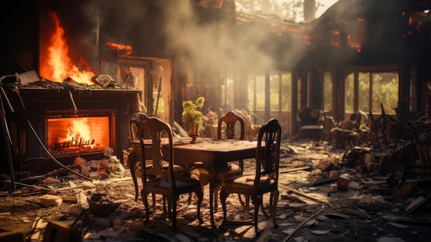 写真 住宅火災の余波の写真 火災後の建物の廃墟となった家の内部 焼けた壁と家具