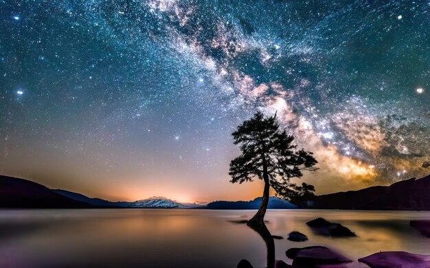 사진 밤 에 호수 를 찍은 사진, 배경 에 산 과 별 로 가득 찬 하늘