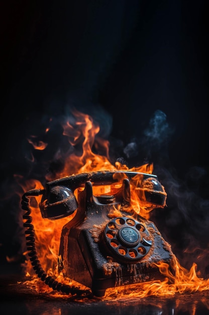 In the photograph an old black analog telephone with a rotary dial is engulfed in flames melting u