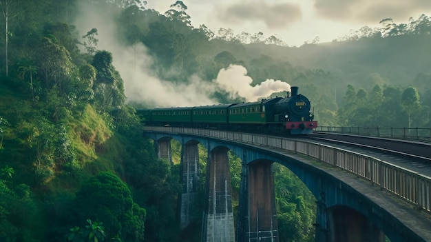 A photograph of old steam train on the arch bridge