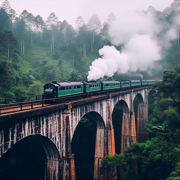 A photograph of old steam train on the arch bridge