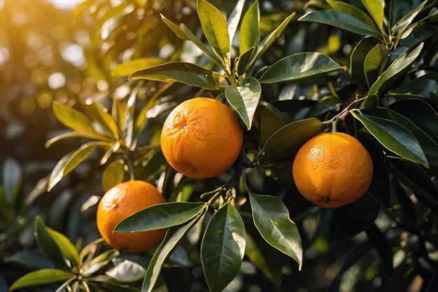 a photograph of a oranges on a bush in the sunlight