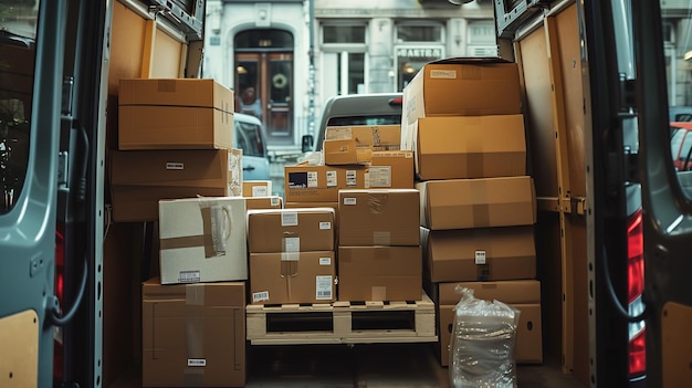 Photo photograph of packages stacked in the back of a delivery van