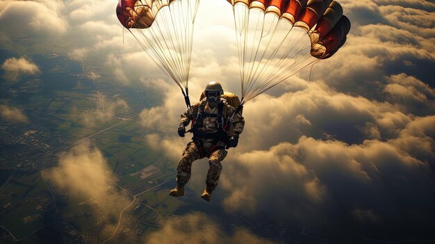 自由な空域で雲に囲まれたパラシューターの写真