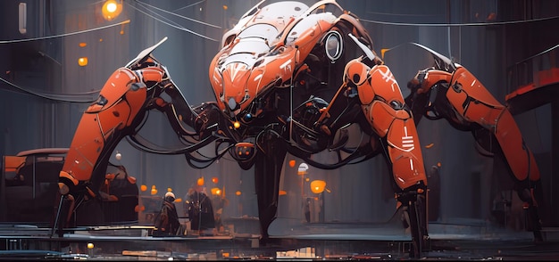 Photo photograph of a pearlescent orange red spider mecha robot with metallic armor filigree
