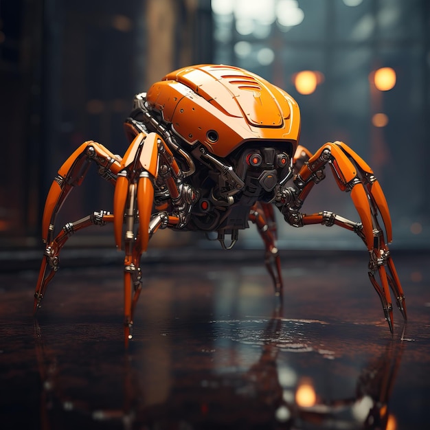 photograph of a pearlescent orange red spider mecha robot with metallic armor filigree