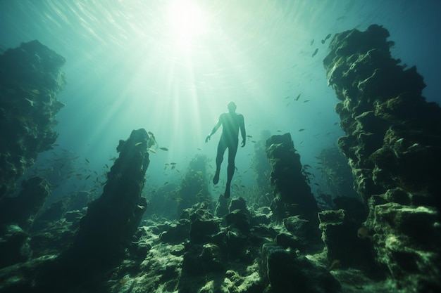 Photograph of people diving in preserved coral reefs full of marine lif