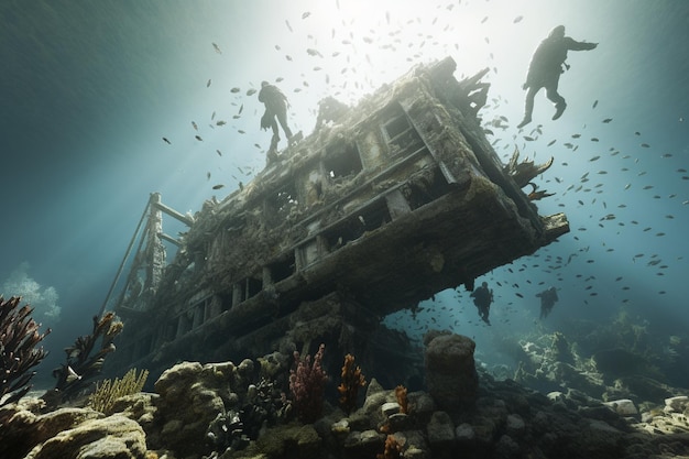 Photograph of people diving underwater historic wrecks exploring submerged history