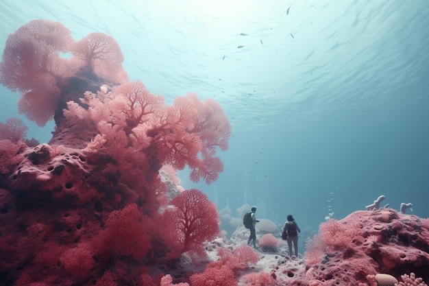 Photograph of people diving on vibrant coral reefs