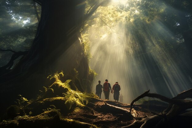 魔法の森と霧と太陽光線を探索する人々の写真