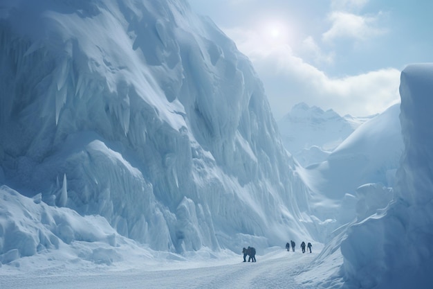 Photograph of people exploring towering glaciers