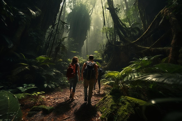 열대 열대 우림 을 탐험 하는 사람 들 의 사진
