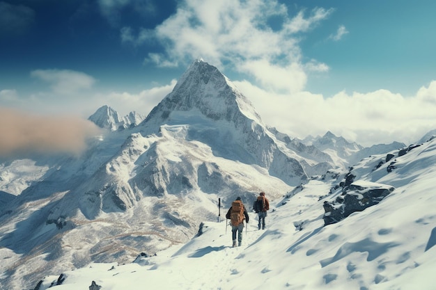 Photograph of people hiking in mountains with fresh snow