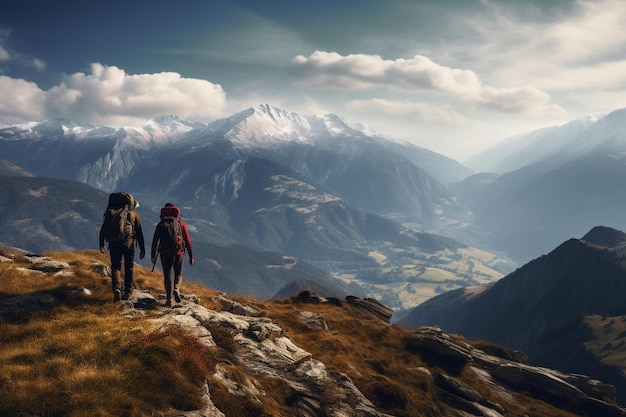 Photograph of people hiking in mountains with panoramic views