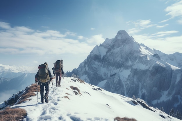 Photograph of people hiking in snowy mountain