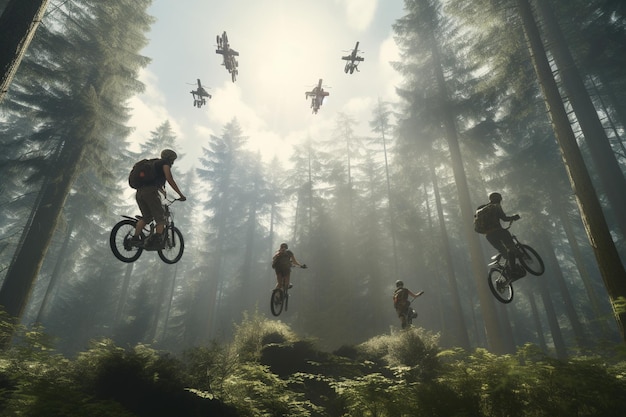 Photograph of people practicing extreme sports in the forest