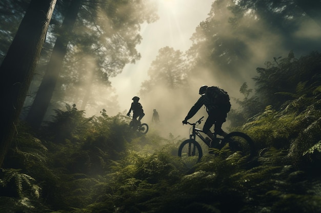 Photograph of people practicing extreme sports in the forest