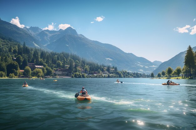 Photograph of people practicing water sports on crystal clear lake