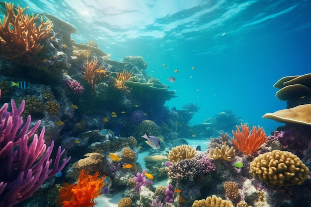 Photograph of people snorkeling in colorful coral reefs full of marine life