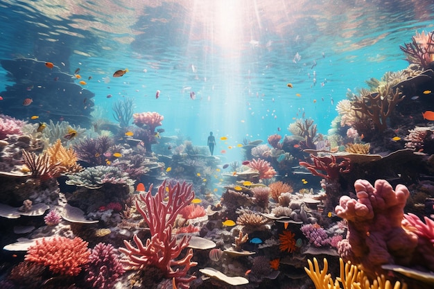 Photograph of people snorkeling in colorful coral reefs