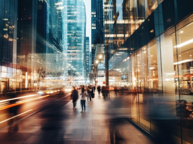 Photograph people walking in modern city at night blurred background