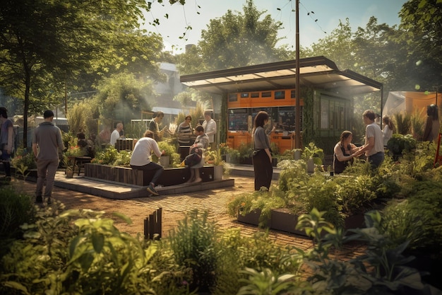 Photograph of people working in urban gardens