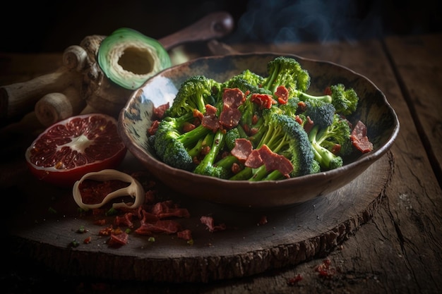 Photograph of peperoncino fried broccoli with bacon