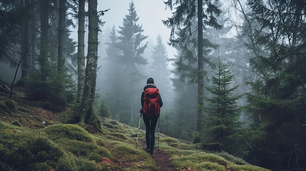 A photograph of a person hiking alone in a dense forest embracing the solitude and connection with