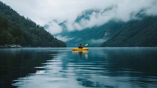 A photograph of a person kayaking alone on a tranquil lake experiencing the calmness and beauty of